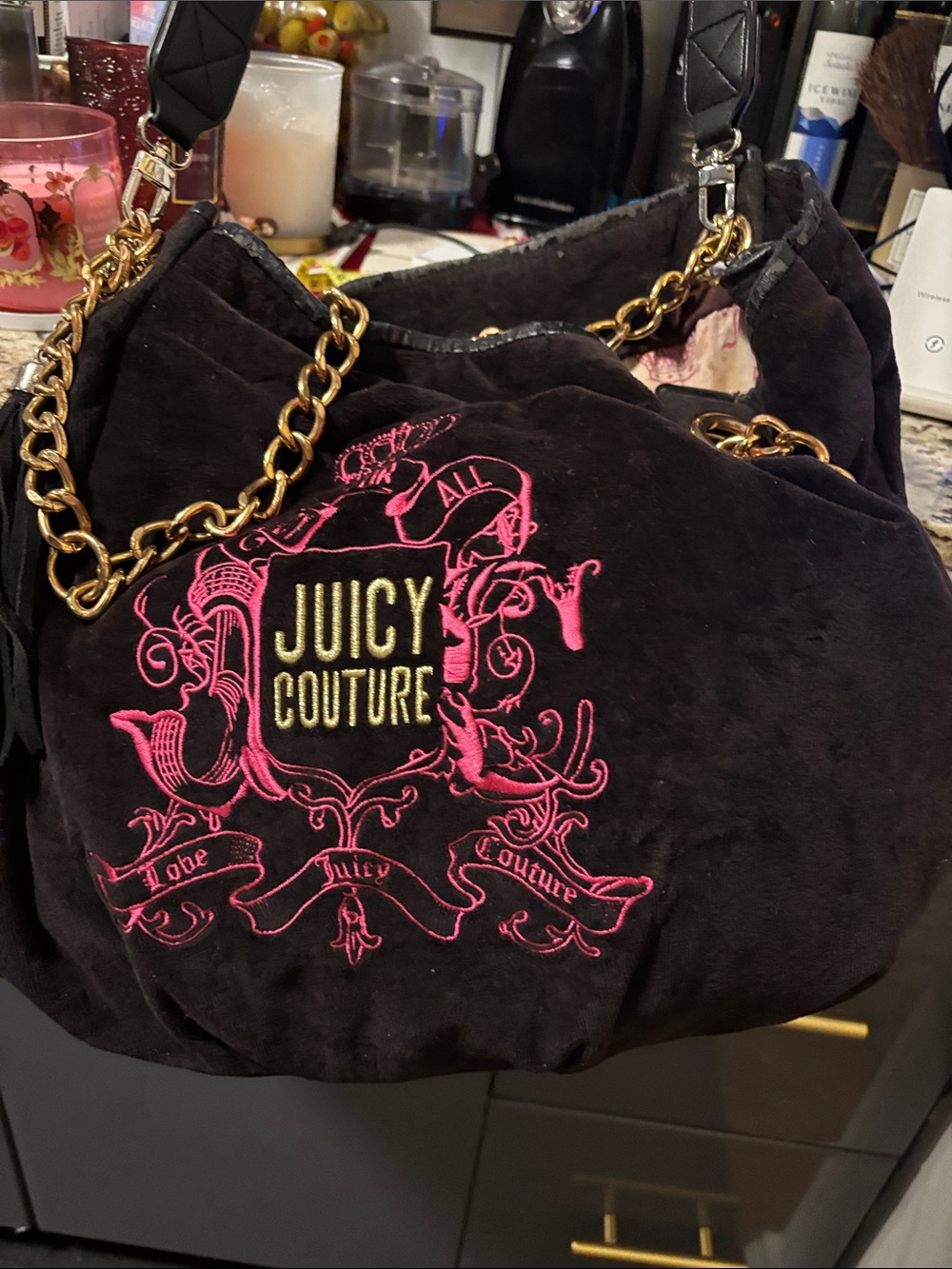 Juicy Couture Black Velvet Shoulder Bag with Pink Embroidered Crest